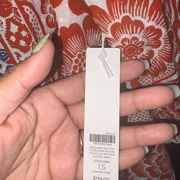 NWT Chico's Blue and Gray Smocked Blouse 3/4 Sleeve - Picture 4 of 4